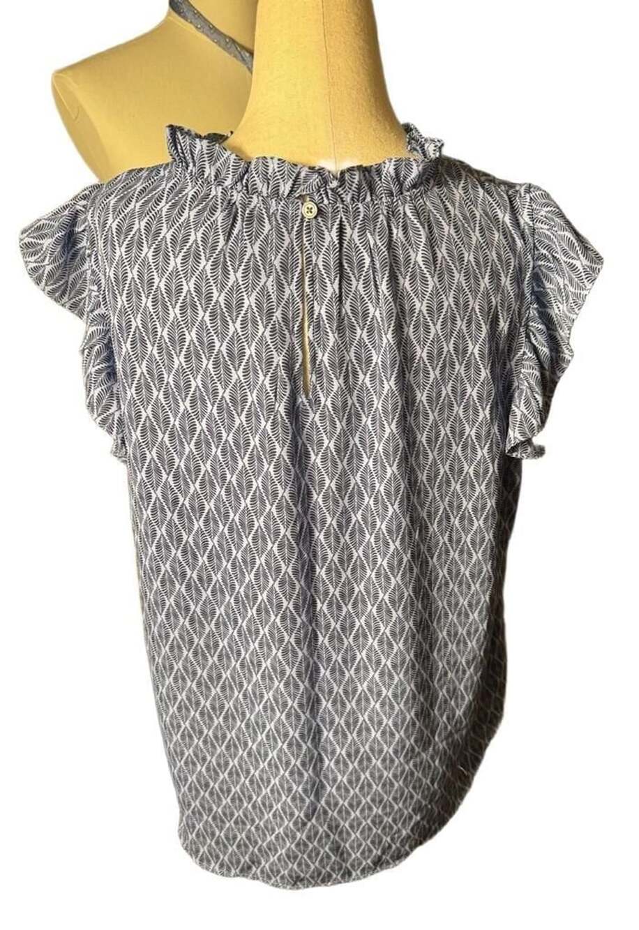 Loft Geo Print Smocked Flutter Sleeve Top Blue Leaf Pattern h1554 - Picture 4 of 6